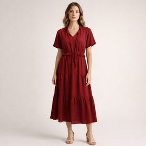 Prettygarden Red Tiered Midi Dress Boho Short Sleeve Size S